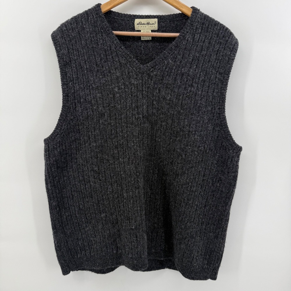 Eddie Bauer Mens Vintage Large Gray 100% Wool Ribbed V-Neck Sweater Vest